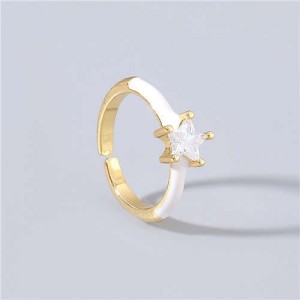 Rhinestone Inlaid Classic Pentagram Design Party Fashion Bling Style Open-end Costume Ring - White