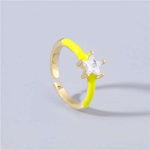 Rhinestone Inlaid Classic Pentagram Design Party Fashion Bling Style Open-end Costume Ring - Yellow