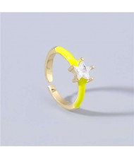 Rhinestone Inlaid Classic Pentagram Design Party Fashion Bling Style Open-end Costume Ring - Yellow