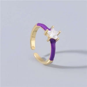 Rhinestone Inlaid Classic Pentagram Design Party Fashion Bling Style Open-end Costume Ring - Purple