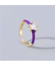 Rhinestone Inlaid Classic Pentagram Design Party Fashion Bling Style Open-end Costume Ring - Purple