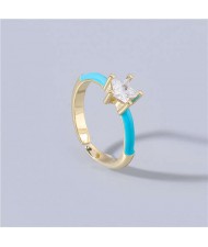 Rhinestone Inlaid Classic Pentagram Design Party Fashion Bling Style Open-end Costume Ring - Blue