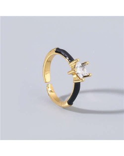 Rhinestone Inlaid Classic Pentagram Design Party Fashion Bling Style Open-end Costume Ring - Black