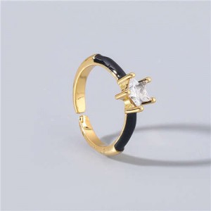Rhinestone Inlaid Classic Pentagram Design Party Fashion Bling Style Open-end Costume Ring - Black