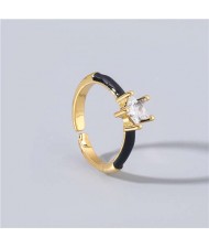 Rhinestone Inlaid Classic Pentagram Design Party Fashion Bling Style Open-end Costume Ring - Black
