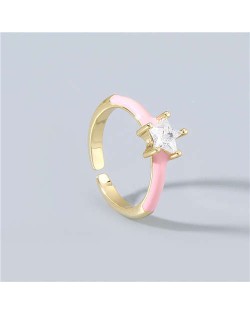 Rhinestone Inlaid Classic Pentagram Design Party Fashion Bling Style Open-end Costume Ring - Pink