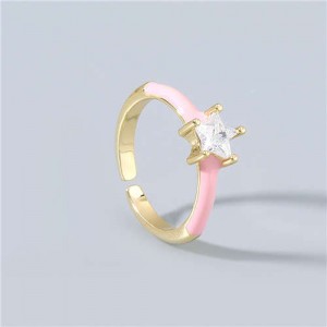Rhinestone Inlaid Classic Pentagram Design Party Fashion Bling Style Open-end Costume Ring - Pink