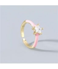 Rhinestone Inlaid Classic Pentagram Design Party Fashion Bling Style Open-end Costume Ring - Pink