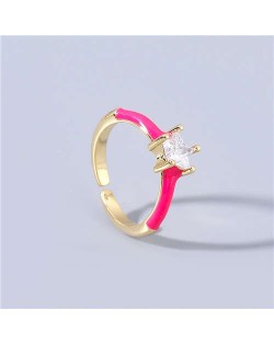 Rhinestone Inlaid Classic Pentagram Design Party Fashion Bling Style Open-end Costume Ring - Rose