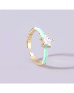 Rhinestone Inlaid Classic Pentagram Design Party Fashion Bling Style Open-end Costume Ring - Green