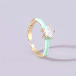 Rhinestone Inlaid Classic Pentagram Design Party Fashion Bling Style Open-end Costume Ring - Green