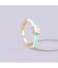 Rhinestone Inlaid Classic Pentagram Design Party Fashion Bling Style Open-end Costume Ring - Green
