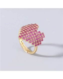 Heart Shape Shining Rhinestone Inlaid Korean Bling Fashion Women Costume Ring - Red