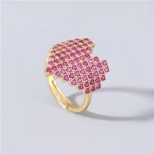 Heart Shape Shining Rhinestone Inlaid Korean Bling Fashion Women Costume Ring - Red