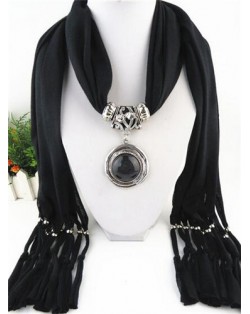 Vintage Round Man-made Gem Pendant Tassels Style Scarf Necklace - Rose