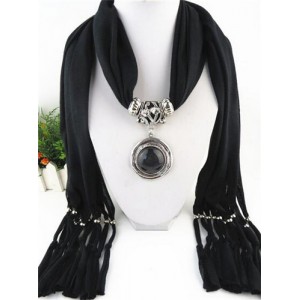 Vintage Round Man-made Gem Pendant Tassels Style Scarf Necklace - Black