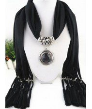 Vintage Round Man-made Gem Pendant Tassels Style Scarf Necklace - Black