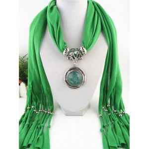 Vintage Round Man-made Gem Pendant Tassels Style Scarf Necklace - Green