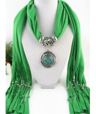 Vintage Round Man-made Gem Pendant Tassels Style Scarf Necklace - Green