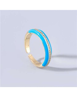 Wholesale Jewelry Candy Color Rhinestone Inlaid Design Women Open-end Costume Ring - Blue