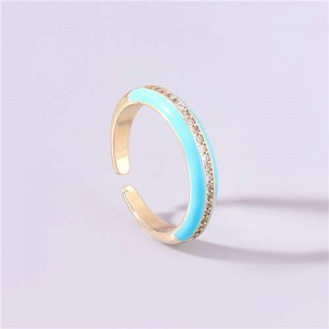 Wholesale Jewelry Candy Color Rhinestone Inlaid Design Women Open-end Costume Ring - Sky Blue