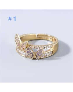Korean Butterfly Fashion Rhinestone Inlaid Classic Design Dual Layers Women Open-end Costume Ring