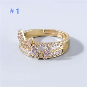 Korean Butterfly Fashion Rhinestone Inlaid Classic Design Dual Layers Women Open-end Costume Ring
