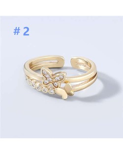 Korean Style Dual Layers Butterfly Rhinestone Inlaid Classic Design Women Open-end Wholesale Ring