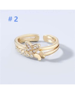 Korean Style Dual Layers Butterfly Rhinestone Inlaid Classic Design Women Open-end Wholesale Ring