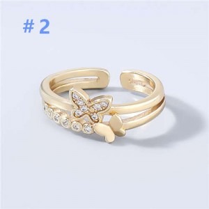 Korean Style Dual Layers Butterfly Rhinestone Inlaid Classic Design Women Open-end Wholesale Ring