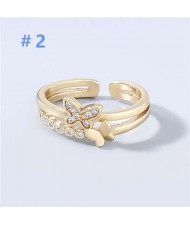 Korean Style Dual Layers Butterfly Rhinestone Inlaid Classic Design Women Open-end Wholesale Ring