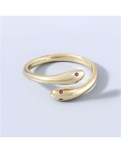 Twin Snake Rhinestone Inlaid Minimalist Design Fashion Women Wholesale Open-end Ring - Red