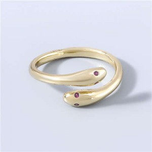 Twin Snake Rhinestone Inlaid Minimalist Design Fashion Women Wholesale Open-end Ring - Red