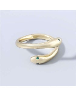 Twin Snake Rhinestone Inlaid Minimalist Design Fashion Women Wholesale Open-end Ring - Green