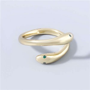Twin Snake Rhinestone Inlaid Minimalist Design Fashion Women Wholesale Open-end Ring - Green