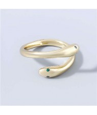 Twin Snake Rhinestone Inlaid Minimalist Design Fashion Women Wholesale Open-end Ring - Green