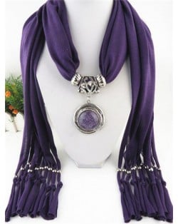 Vintage Round Man-made Gem Pendant Tassels Style Scarf Necklace - Purple