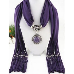 Vintage Round Man-made Gem Pendant Tassels Style Scarf Necklace - Purple