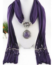 Vintage Round Man-made Gem Pendant Tassels Style Scarf Necklace - Purple