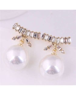 Korean Fashion Wholesale Jewelry Elegant Bow-knot with Pearl Pendant Rhinestone Earrings - White