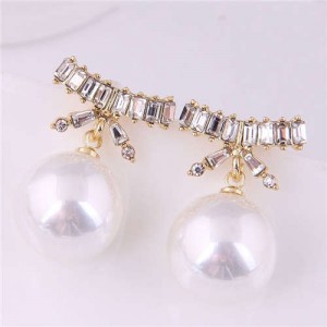 Korean Fashion Wholesale Jewelry Elegant Bow-knot with Pearl Pendant Rhinestone Earrings - White