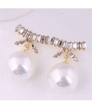 Korean Fashion Wholesale Jewelry Elegant Bow-knot with Pearl Pendant Rhinestone Earrings - White