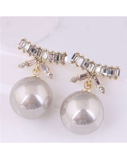 Korean Fashion Wholesale Jewelry Elegant Bow-knot with Pearl Pendant Rhinestone Earrings - Gray
