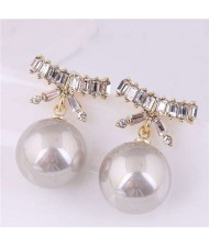 Korean Fashion Wholesale Jewelry Elegant Bow-knot with Pearl Pendant Rhinestone Earrings - Gray