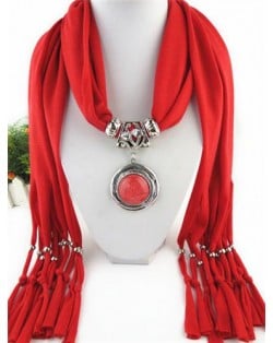 Vintage Round Man-made Gem Pendant Tassels Style Scarf Necklace - Fuchsia