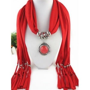 Vintage Round Man-made Gem Pendant Tassels Style Scarf Necklace - Red