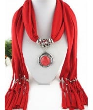 Vintage Round Man-made Gem Pendant Tassels Style Scarf Necklace - Red