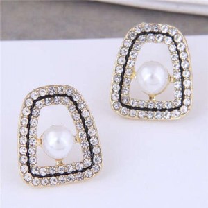Glistening Rhinestone Surrounded Trapezoid Design Wholesale Fashion Earrings