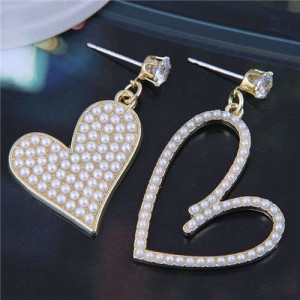 Mini Pearls Decorated Heart Shape Asymmetric Design Wholesale Jewelry Elegant Korean Fashion Earrings
