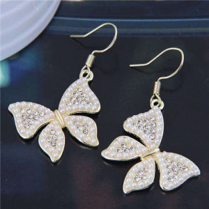 Shining Rhinestone and Mini Pearl Inlaid Butterfly Temperament Wholesale Hook Earrings - White